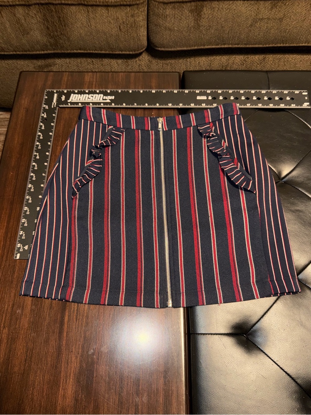 BCBGeneration Navy, Red and White Striped Mini Skirt with Front Zip